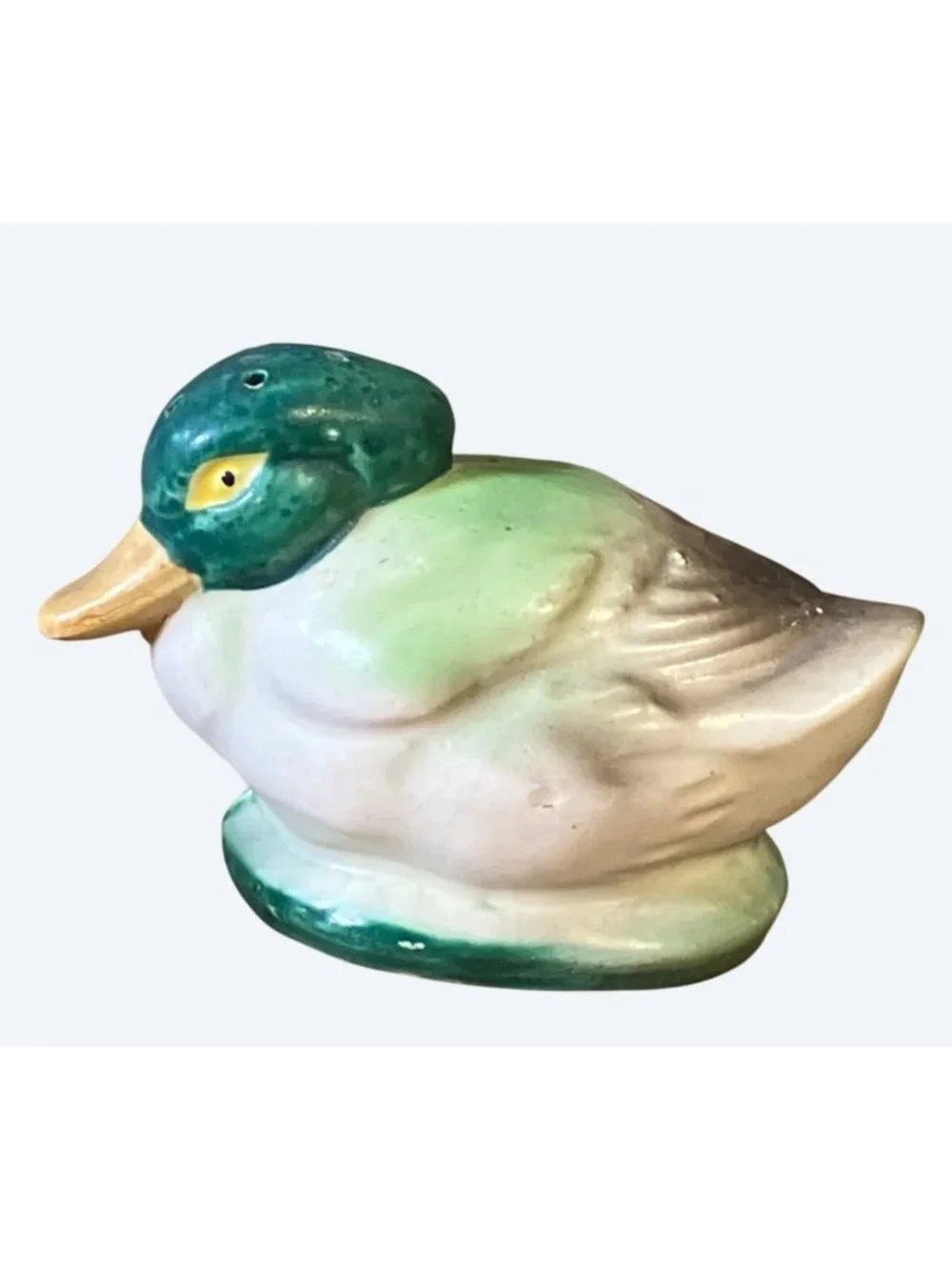 Vintage Ceramic Duck Salt Pepper Shakers Hand Painted Green Yellow Mallard Pair